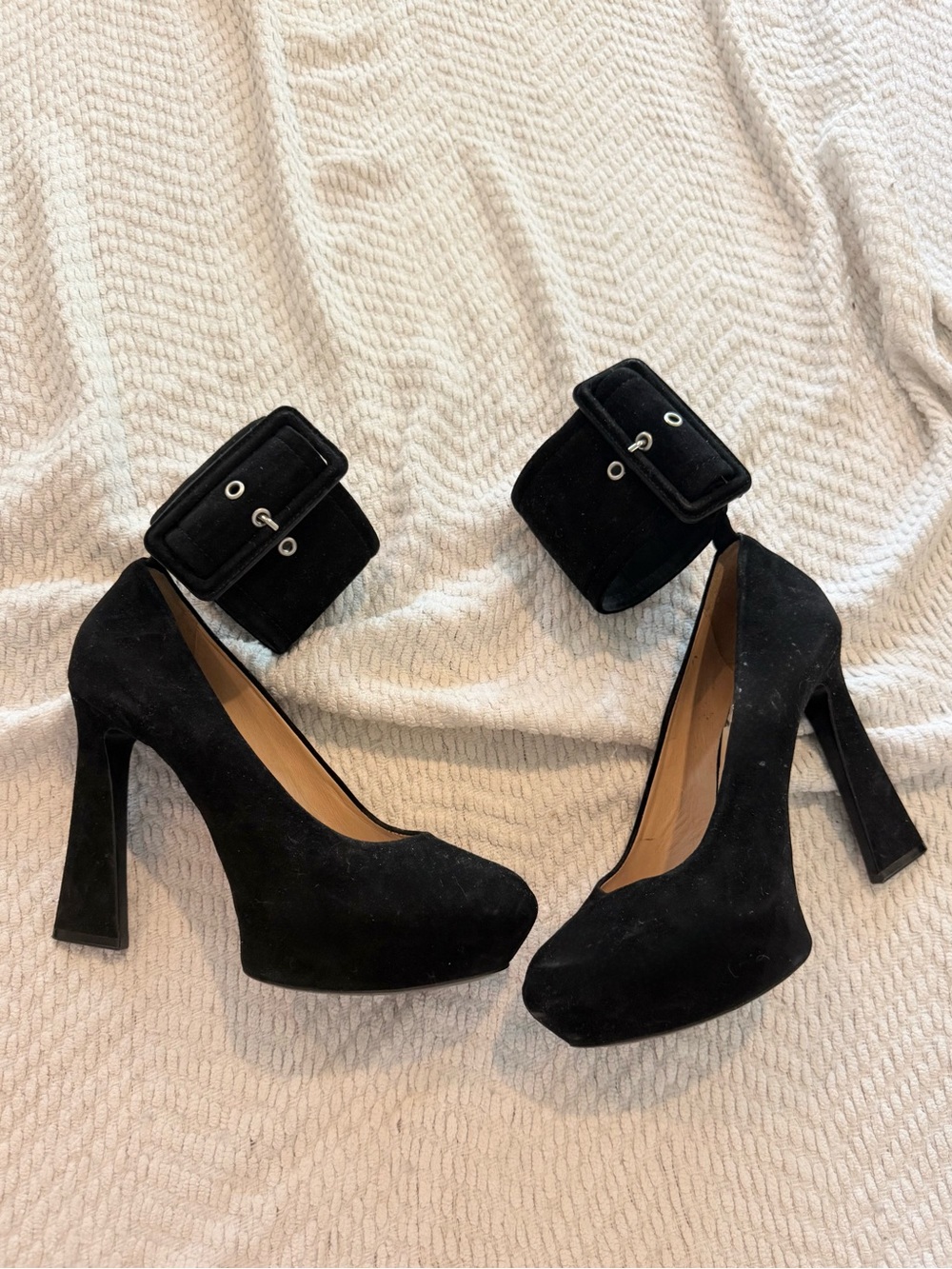 Celine Black Suede Platform Pumps with Buckle Ankle Cuffs